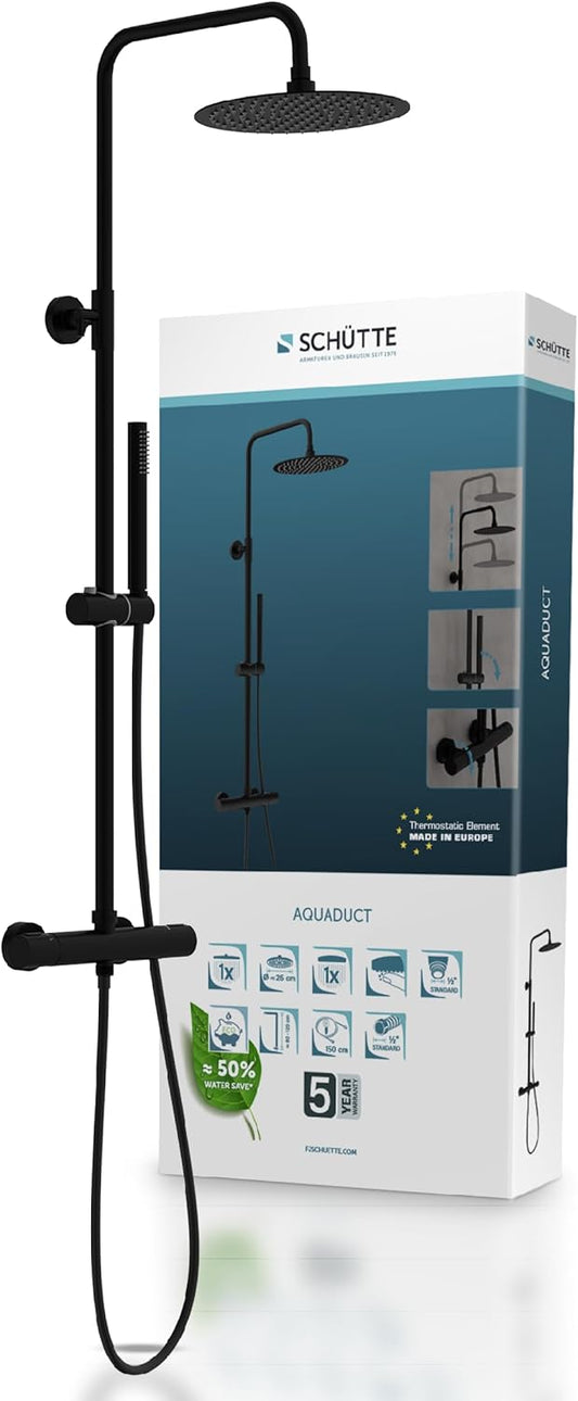 SCHÜTTE AQUADUCT Douchesysteem met thermostaat, doucheset met grote regendouche (diameter 25 cm) en verstelbare handdouche, doucheset met douchestang, douche met kraan, douchezuil, douchepaneel, zwart