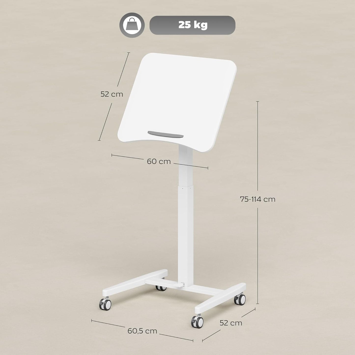 Laptoptafeltje – Verstelbaar Bureau – Mobiele Computertafel – Zit-Sta Werkplek – Kantelbaar Tafelblad – Pneumatische Hoogteverstelling 75-114 cm – Compact 60,5x52 cm Wit