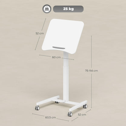 Laptoptafeltje – Verstelbaar Bureau – Mobiele Computertafel – Zit-Sta Werkplek – Kantelbaar Tafelblad – Pneumatische Hoogteverstelling 75-114 cm – Compact 60,5x52 cm Wit