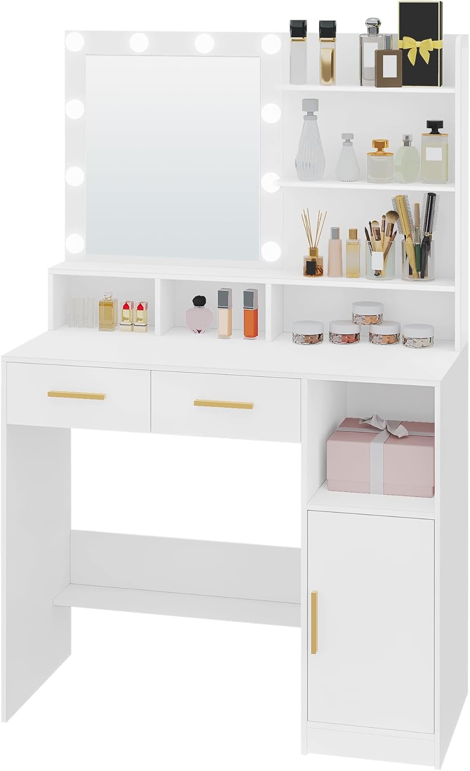 Hzuaneri Dressing Table with Mirror And 10 LED Lamps, Makeup Table with 3 Shelves and 4 Open Compartments, Dressing Table with 2 Drawers and Cabinet, 3 Adjustable Luminosities, WhiteDT32503X - QUORE