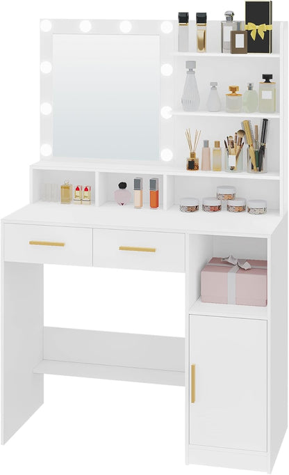 Hzuaneri Dressing Table with Mirror And 10 LED Lamps, Makeup Table with 3 Shelves and 4 Open Compartments, Dressing Table with 2 Drawers and Cabinet, 3 Adjustable Luminosities, WhiteDT32503X - QUORE