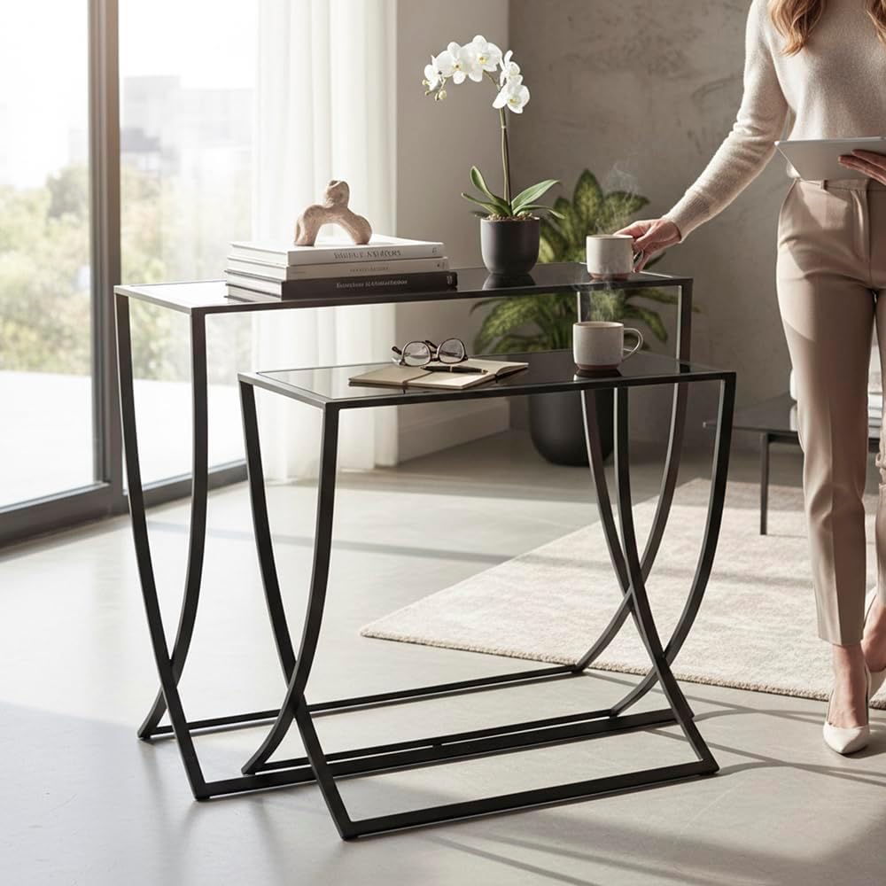 HAKU Bijzettafel set van 2 zwart, Metaal, veiligheidsglas - Maat: B 60/80 cm x H Beistelltisch 2er Set/65 cm x D 30/30 cm, Stijl: Modern