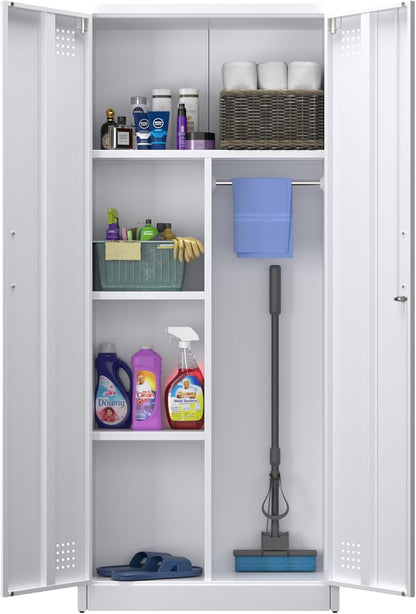 Bestekkast met ventilatie en magneetsluiting, multifunctionele kast, stabiele stalen kast voor stofzuigers, schoonmaakmiddelen, wasgoed en huishoudelijke accessoires, 70 x 30 x 165 cm, wit