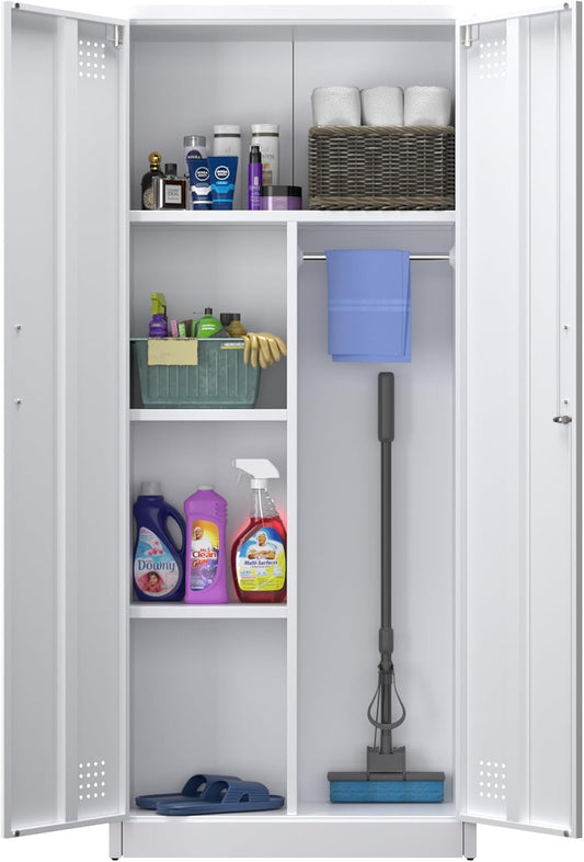 Bestekkast met ventilatie en magneetsluiting, multifunctionele kast, stabiele stalen kast voor stofzuigers, schoonmaakmiddelen, wasgoed en huishoudelijke accessoires, 70 x 30 x 165 cm, wit