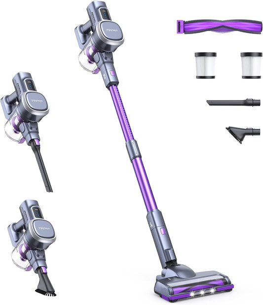 Lubluelu 202 Cordless Vacuum Cleaner with Powerful Electric Broom, 27 kPa/220 W/50 Minutes Running Time, Easy Cleaning, Light, Broom for Hard Floors, Carpets and Pet Hair, Violet - QUORE