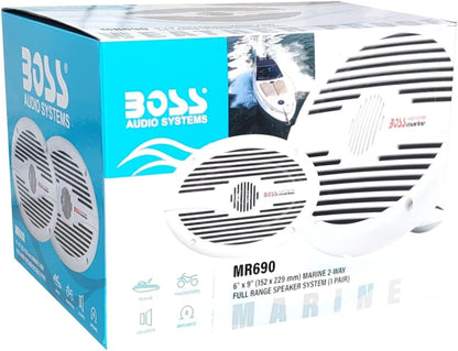 KIT SET VOOR BOSS AUDIO SYSTEMS MR690 ovaal 2-weg 6 x 9 15 x 23 cm 175 watt rms 350 watt max 4 ohm waterdicht zee zwembad boot hotel, per paar + accessoires gratuits