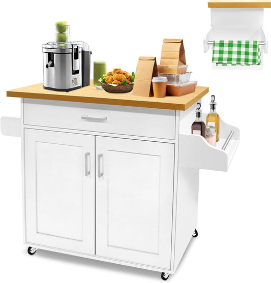 Kitchen trolley, kitchen cabinet with worktop, movable kitchen island, kitchen trolley, rolling trolley, kitchen, serving trolley, 115 x 36 x 90 cm, white
