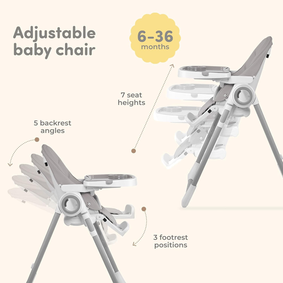 Adjustable, Collapsible, Baby High Chair with Toy Arch - Baby Highchairs with 7 different heights, Adjustable seat with 5 different positions - High chairs, Removable tray, Clean to sweep, Comfortable - QUORE
