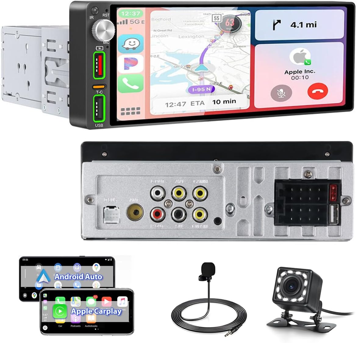Hikity Autoradio met Scherm 1 Din Draadloze CarPlay Android Auto, 6,9 Inch HD Touch Screen Radio Bluetooth Handsfree Auto MP5 Speler met Achteruitrijcamera EQ FM SWC USB Type-C