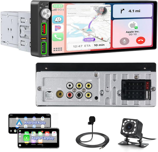 Hikity Autoradio met Scherm 1 Din Draadloze CarPlay Android Auto, 6,9 Inch HD Touch Screen Radio Bluetooth Handsfree Auto MP5 Speler met Achteruitrijcamera EQ FM SWC USB Type-C
