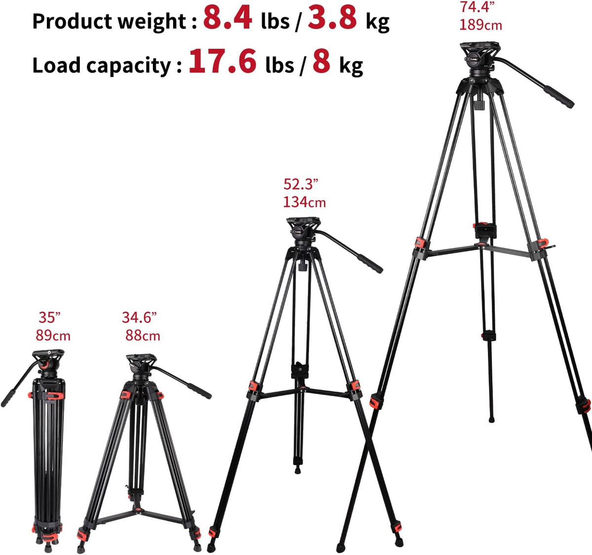 COMAN Camerastatief, 188 cm, robuust statief voor professionele videocamera's, draagtas, 8 kg, inclusief snelwisselplaat, fotostatief, statief