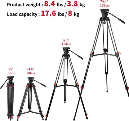 COMAN Camerastatief, 188 cm, robuust statief voor professionele videocamera's, draagtas, 8 kg, inclusief snelwisselplaat, fotostatief, statief
