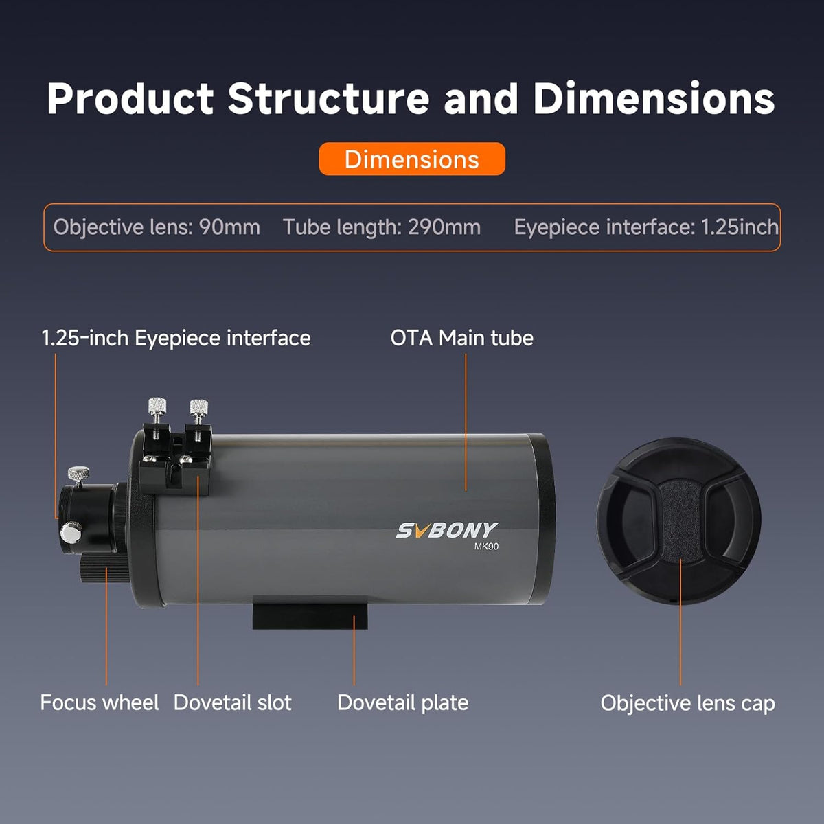 Svbony MK90 Telescoop Maksutov Cassegrain OTA, 90mm f/13.9 Draagbare Telescoop, Meerlaagse Precisie Aluminium Coating, voor Astronomisch Zicht op de Maanplaneet en Astrofotografie