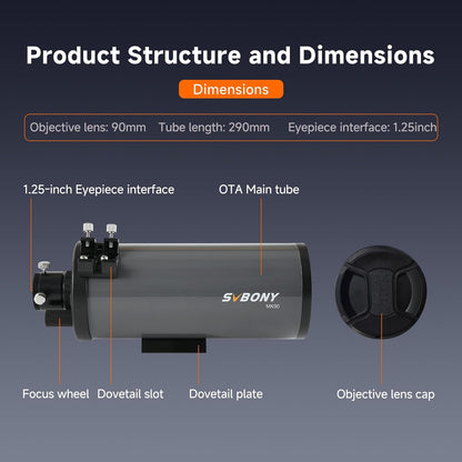 Svbony MK90 Telescoop Maksutov Cassegrain OTA, 90mm f/13.9 Draagbare Telescoop, Meerlaagse Precisie Aluminium Coating, voor Astronomisch Zicht op de Maanplaneet en Astrofotografie