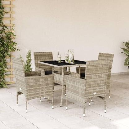 vidaXL 5-Piece Garden Set with Cushions Poly Rattan and Glass Light Grey, Lounge Set, Garden Loungeset, Outdoor Lounge Set, Garden Table, Patio Set, Garden Set Lounge - QUORE