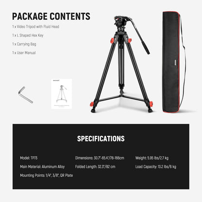 NEEWER Camerastatief met vloeiende kop, robuust, licht, compact, draagbaar, reishouder voor DSLR-camcorder, compatibel met DJI Gimbals, compatibel met Manfrotto QR-platen, max. 13,2 kg, TP73