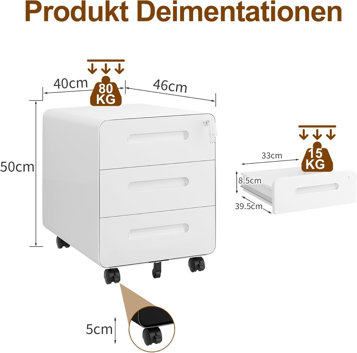 Rolcontainer, mobiele archiefkast met slot, afgeronde hoeken, 4 sleutels, 3 laden, printertafel, reeds voorgemonteerd, voor kantoor, thuiskantoor, 46B x 40D x 50H cm, Wit