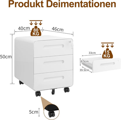 Rolcontainer, mobiele archiefkast met slot, afgeronde hoeken, 4 sleutels, 3 laden, printertafel, reeds voorgemonteerd, voor kantoor, thuiskantoor, 46B x 40D x 50H cm, Wit