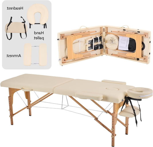 YOUNIKE Professional Folding Massage Table 60 cm Width Aesthetic Professional Wood Care Table Tattoo Armrest Bed Massage Table Eyelashes Portable 2 Sections Beige - QUORE