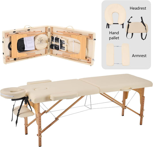 YOUNIKE Professionele opvouwbare massagetafel, 60 cm, breedte, esthetisch, professioneel, hout, verzorgingstafel, tattoo, armleuningbed, massage, tafel, wimpers, draagbaar, 2 secties, beige