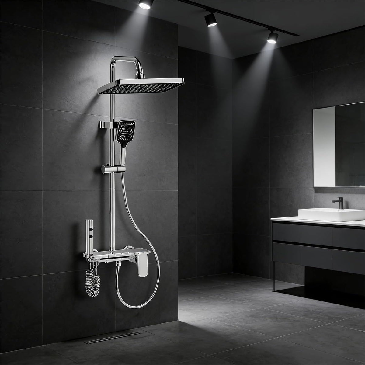 Douchesysteem – Badkamer Doucheset – Douchekolom – Regendouche – Handdouche – 4 Functies Met Thermostaat – Grote 31x20 cm Regendouchekop