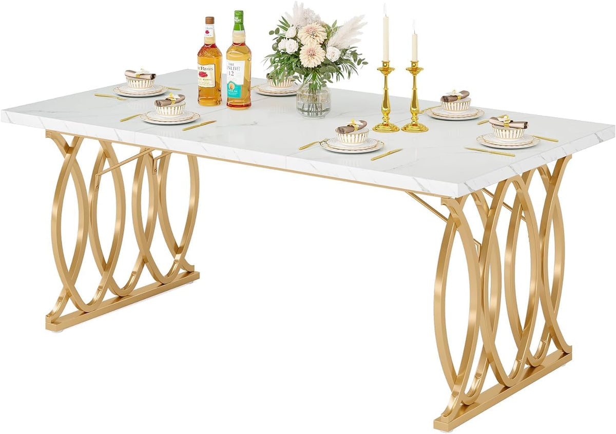 Tribesigns Modern Dining Table, Kitchen Table, 160 x 80 x 75 cm, Dining Table For 6 People with Imitation Marble Tabletop and Geometric Legs, White and Gold