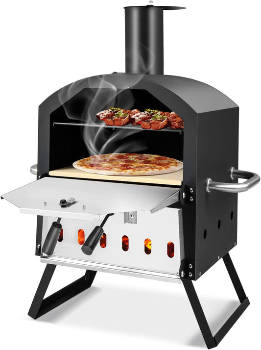 FANTASK Pizza Oven 2-Tier with Grill Grate, Outdoor Pizza Oven, Pizza Stone & Folding Legs, Pizza Shovel, Waterproof Cover - QUORE