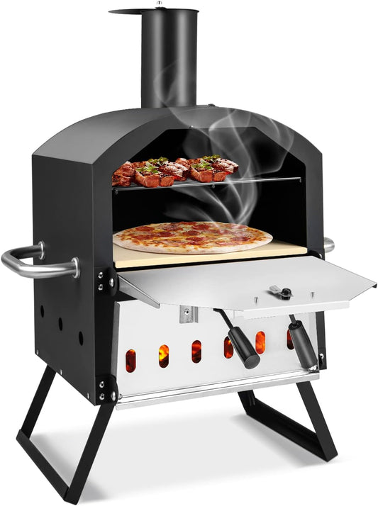 FANTASK Pizzaoven 2-laags met grillrooster, outdoor pizzaoven, pizzasteen & inklapbare poten, pizzaschep, waterdichte afdekking