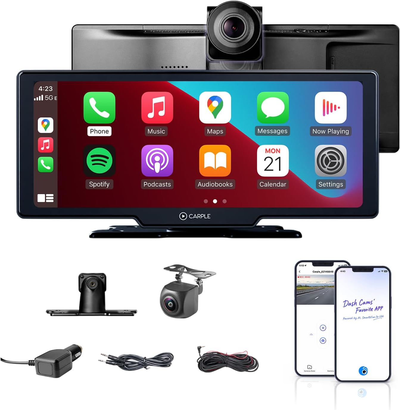 Wireless CarPlay display 10.26 inch IPS with screen mirroring Bluetooth Android Auto 4K front and 1080P rear view camera includes app for advanced features