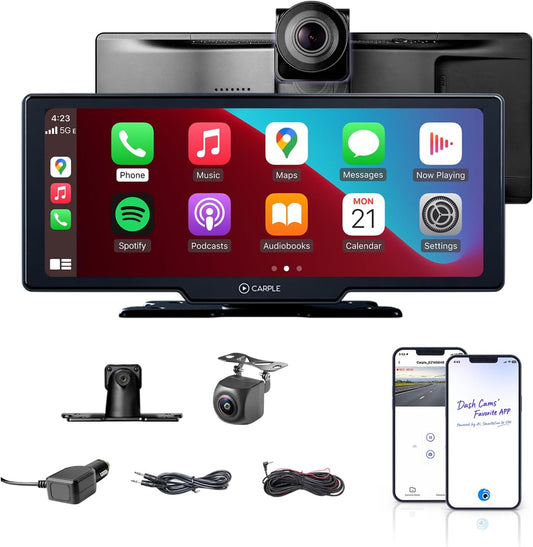 Wireless CarPlay display 10.26 inch IPS with screen mirroring Bluetooth Android Auto 4K front and 1080P rear view camera includes app for advanced features