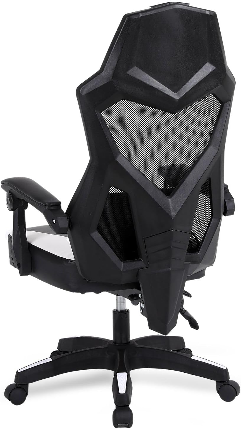 Gaming en bureaustoel met kantelbare rugleuning 135°, ademend netweefsel, lendenkussen, wit en zwart