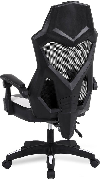 Gaming en bureaustoel met kantelbare rugleuning 135°, ademend netweefsel, lendenkussen, wit en zwart