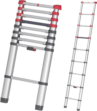 Hailo T80 FlexLine aluminium veiligheidstelescopische ladder - uittrekbare ladder met 9 sporten - werkhoogte tot 340 cm - gewicht 8,1 kg - zilver