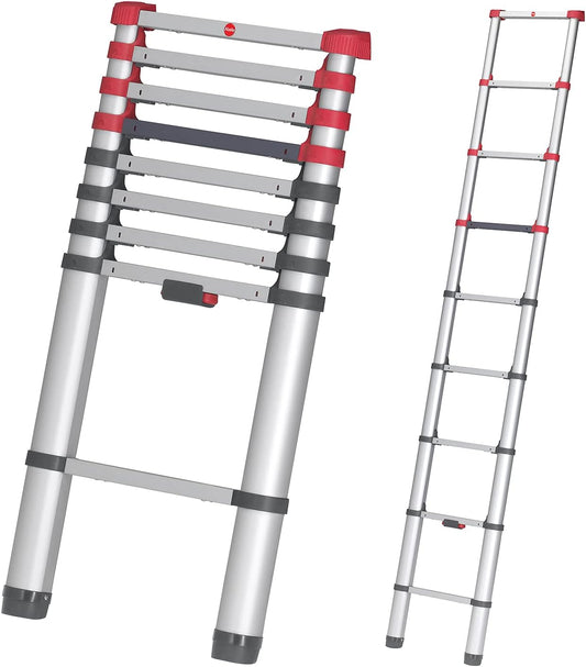 Hailo T80 FlexLine aluminium veiligheidstelescopische ladder - uittrekbare ladder met 9 sporten - werkhoogte tot 340 cm - gewicht 8,1 kg - zilver