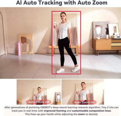 OBSBOT Tiny 2 Lite, PTZ 4K Webcam 1080P @60fps HDR, pc-camera met 4x digitale zoom, KI-tracking, microfoon, 1/2 inch sensor, gebarenbediening, autofocus, USB2.0, plug & play, voor pc, conferenties,