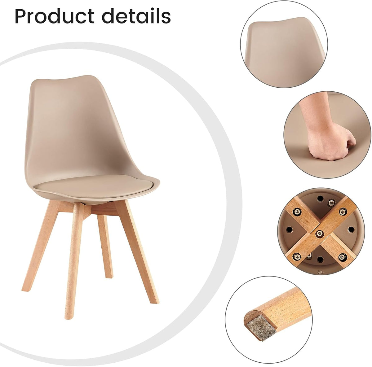 EGGREE Scandinavische eetkamerstoelen, SGS-geteste gestoffeerde keukenstoel, retro-bureaustoel met poten van massief beukenhout, licht kaki, 4 stuks