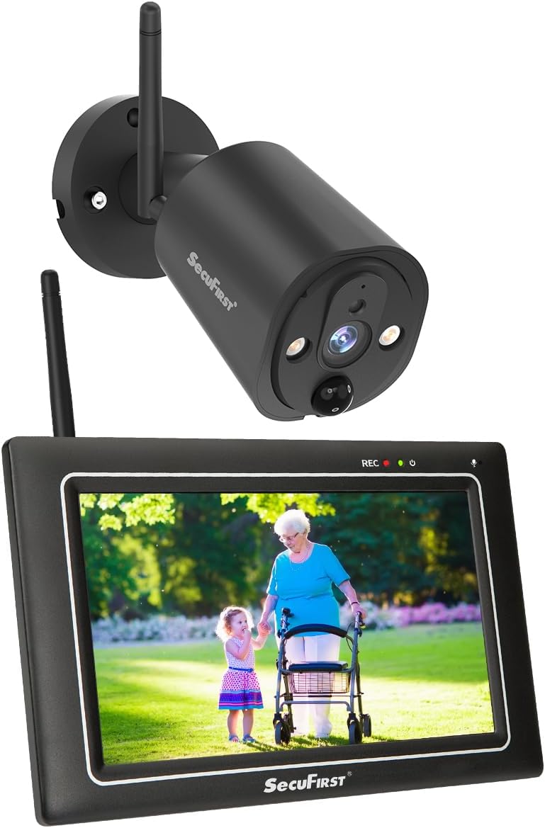 SecuFirst 2K Video Camera Beveiliging Buiten set met Binnenmonitor, 7 Inch Touchscreen Babyfoon met Camera Outdoor, Draadloos Werken zonder Wi-Fi, AI Bewegingsmelder, 64GB Geheugenkaart, Intercom.