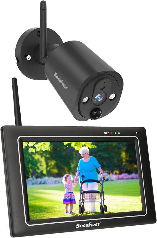 SecuFirst 2K Video Camera Beveiliging Buiten set met Binnenmonitor, 7 Inch Touchscreen Babyfoon met Camera Outdoor, Draadloos Werken zonder Wi-Fi, AI Bewegingsmelder, 64GB Geheugenkaart, Intercom.