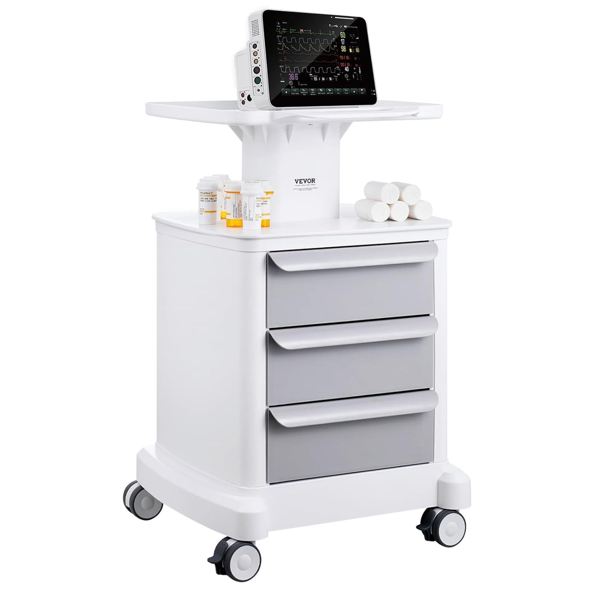 VEVOR Mobiele laboratoriumwagen met 4 niveaus, 3 laden, 1 bovenste plank, ABS-materiaal, 4 stille wielen, voor laboratorium, kliniek, ziekenhuis, woonkamer