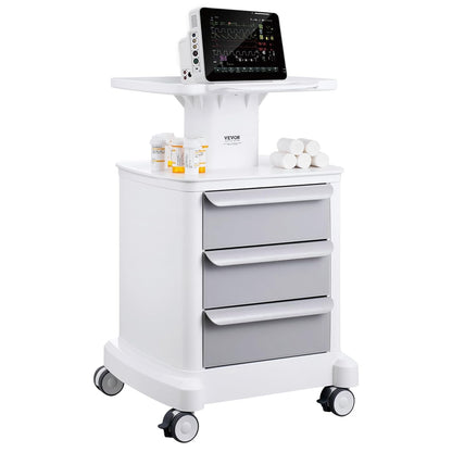 VEVOR Mobiele laboratoriumwagen met 4 niveaus, 3 laden, 1 bovenste plank, ABS-materiaal, 4 stille wielen, voor laboratorium, kliniek, ziekenhuis, woonkamer