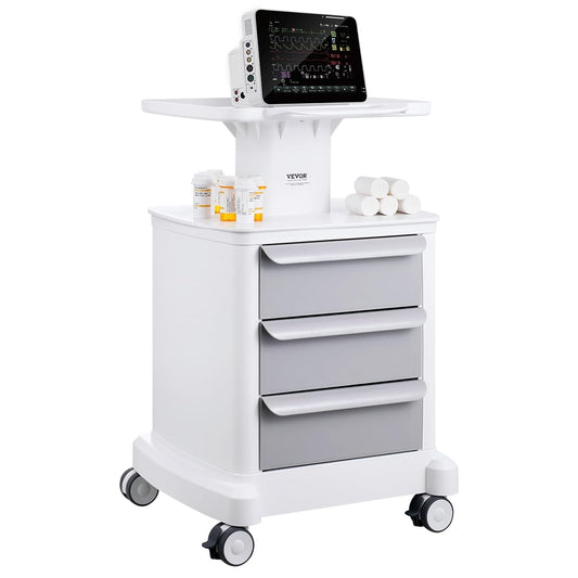 VEVOR Mobiele laboratoriumwagen met 4 niveaus, 3 laden, 1 bovenste plank, ABS-materiaal, 4 stille wielen, voor laboratorium, kliniek, ziekenhuis, woonkamer