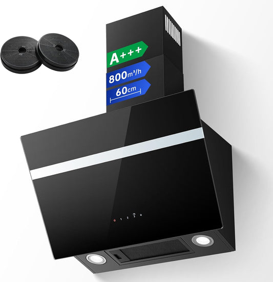 TopStrong Afzuigkap 60 cm, 800 m³/h afzuigkap convectie/afvoerlucht met actieve koolfilter, A+++, stille kopvrijkap met ledverlichting, wandkappen 3 standen + booster touchscreen, borstelloze motor