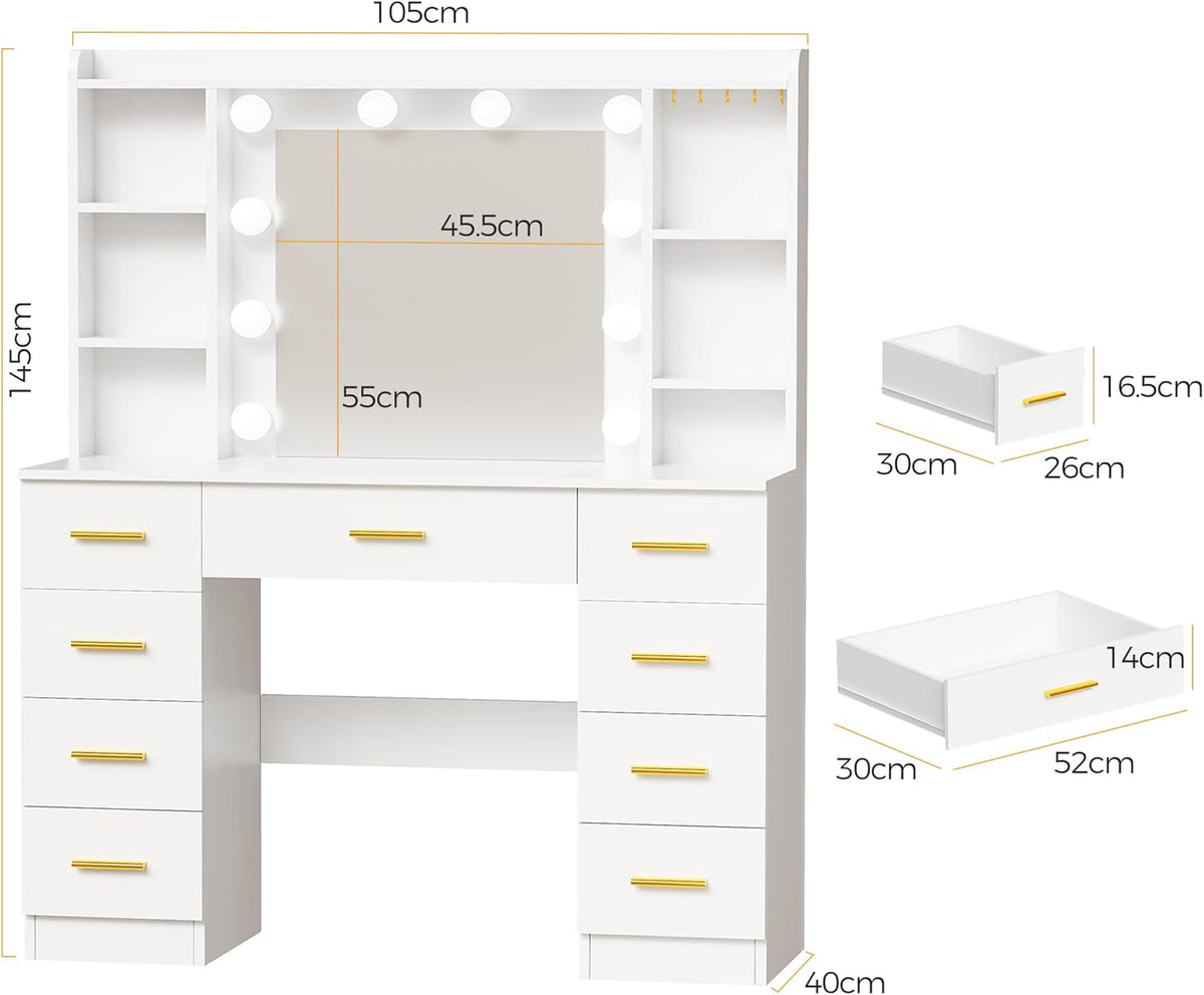 ANWBROAD Large LED Dressing Table, 3 Colours, Adjustable Brightness, Vanity Table with Mirror, Dressing Table with 9 Drawers, 6 Open Shelves, 5 Jewellery Hooks, Modern White BDT89W - QUORE