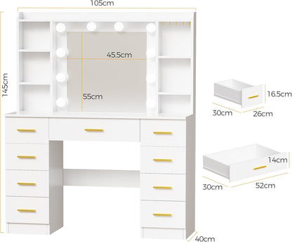 ANWBROAD Large LED Dressing Table, 3 Colours, Adjustable Brightness, Vanity Table with Mirror, Dressing Table with 9 Drawers, 6 Open Shelves, 5 Jewellery Hooks, Modern White BDT89W - QUORE