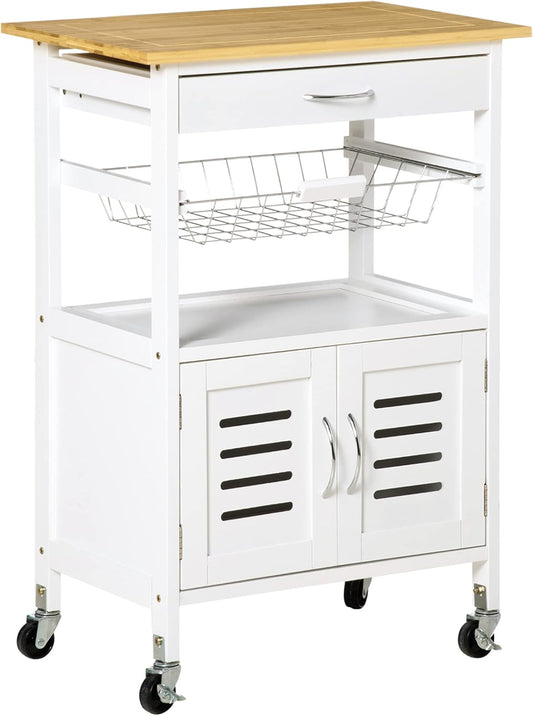 HOMCOM kitchen trolley, kitchen trolley, serving trolley with drawer, removable tray pine white 58 x 37 x 83 cm - QUORE