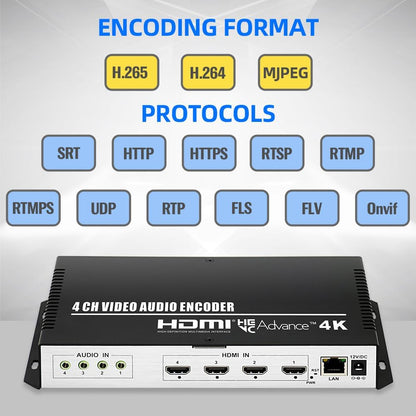 HDMI 4-kanaals 4K H.265 264 MJPEG video-encoder met display, maximaal 16 uitgangen, extra audio HTTP RTSP RTMP RTMPS SRT UDP RTP video-encoder voor Facebook YouTube Twitch
