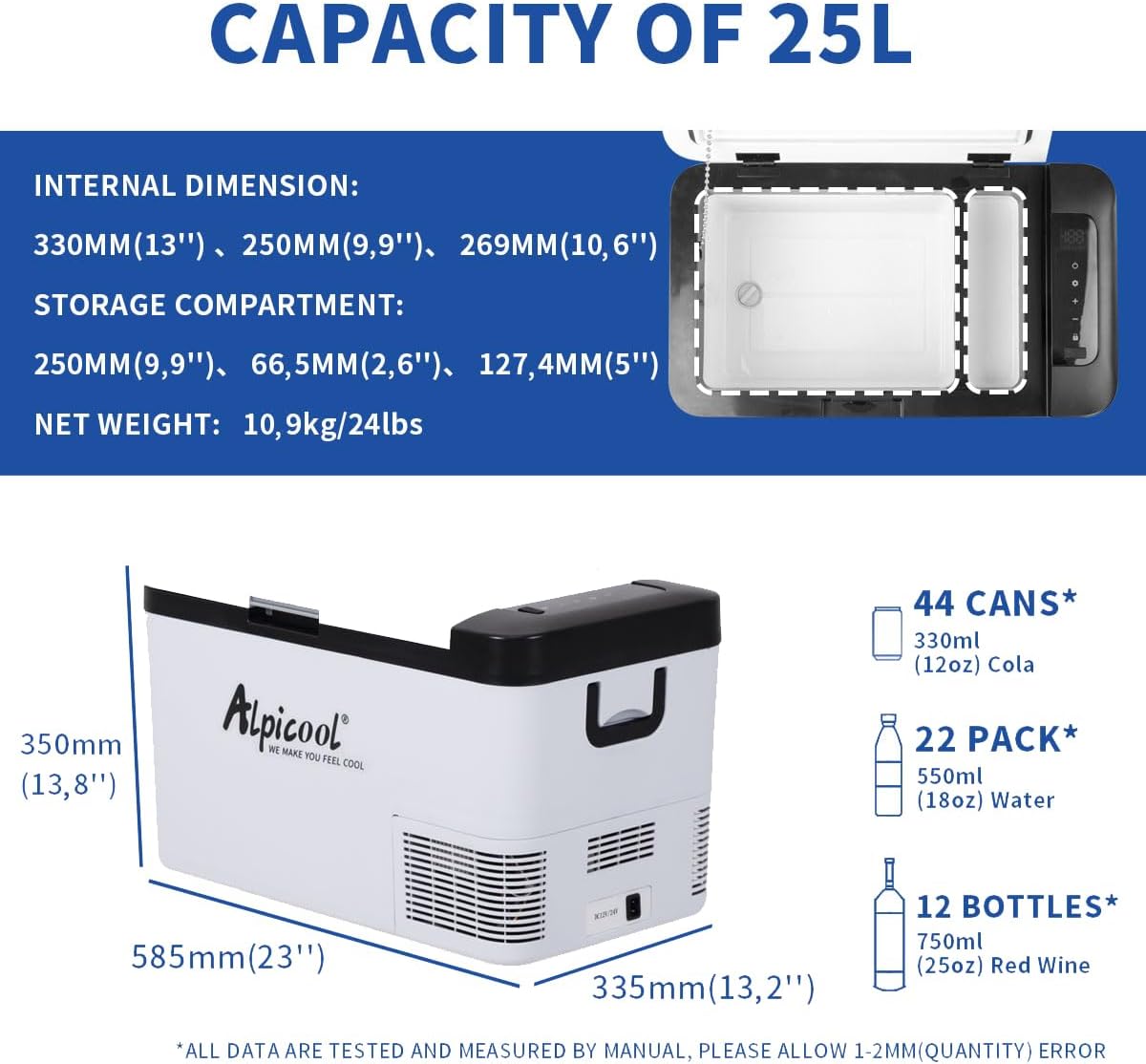 Alpicool 25L Mini koelkast 12/24 V en 230 V, elektrische compressor koelbox/vriesbox Autokoelkast, draagbare vriezer voor auto, vrachtwagen, kamperen, reizen met USB-aansluiting, K25