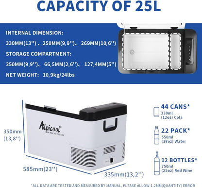 Alpicool 25L Mini koelkast 12/24 V en 230 V, elektrische compressor koelbox/vriesbox Autokoelkast, draagbare vriezer voor auto, vrachtwagen, kamperen, reizen met USB-aansluiting, K25