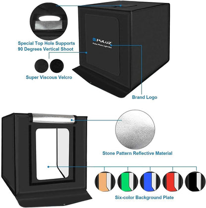 PULUZ Fotostudio 23,6 '/60 cm, wit licht, dimbaar, lichttent, draagbare opvouwbare studiobox voor zakelijke productverkoopartikelen online met zachte doek, 2 lichtborden en 3 pvc-kleuren, 3 vlies-achtergronden