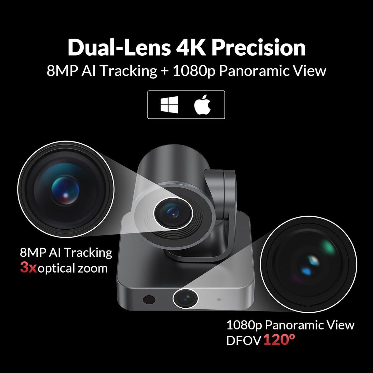 AV Access 4K Conference Room Camera, Dual Lens Cam (4K AI Tracking Cam en 1080P Panoramic Cam), 3x Optical/5X Digitale zoom, 120° FOV, Auto Framing, Individuals Gallery, Werkt met Meet,Teams, Zoom